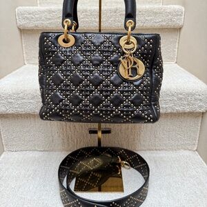 SOLD ❌Christian Dior Lady Dior Lambskin Studded in Supple Black with Gold Studs